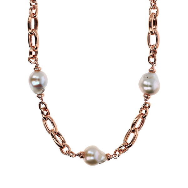 Choker Necklace with Intertwined Oval Links and White Baroque Freshwater Pearls Ø 13/14 mm