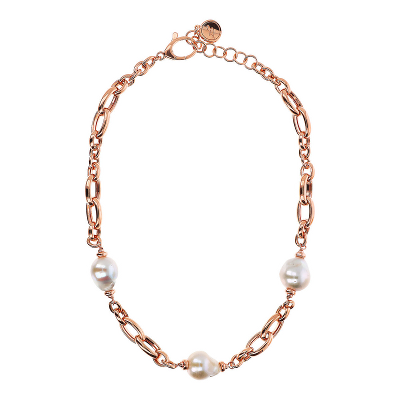 Collana Girocollo con Maglie Ovali Intrecciate e Perle Barocche Bianche d'Acqua Dolce Ø 13/14 mm