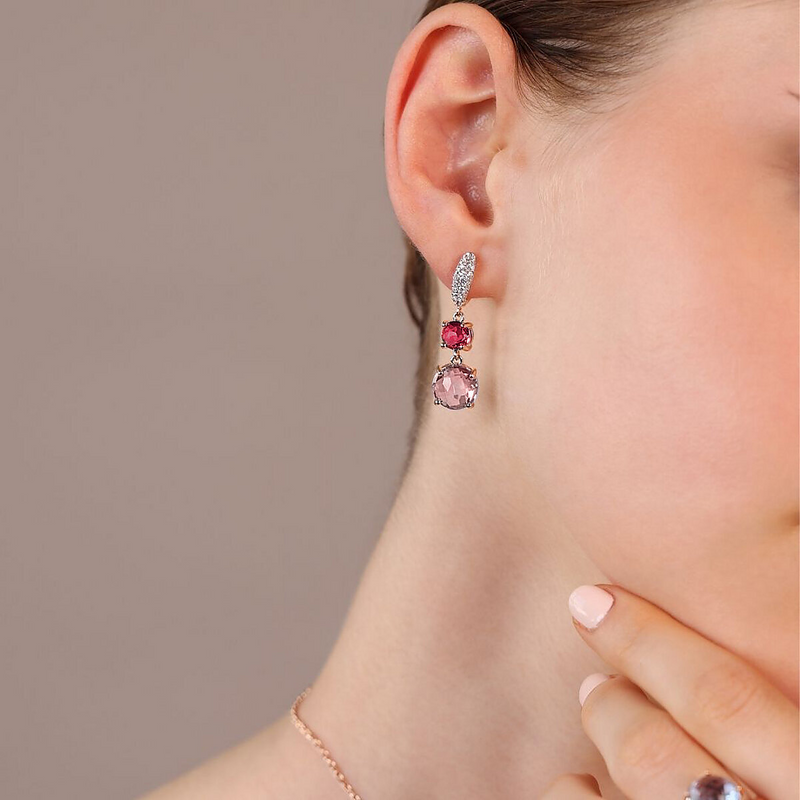 Boucles d'oreilles pendantes avec prisme de pierre ronde et pavé en zircone cubique