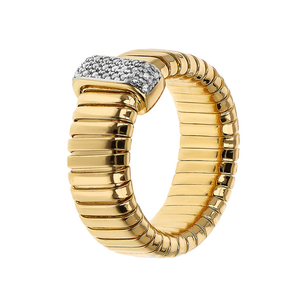 Golden Tubogas Band Ring with Cubic Zirconia Pavé