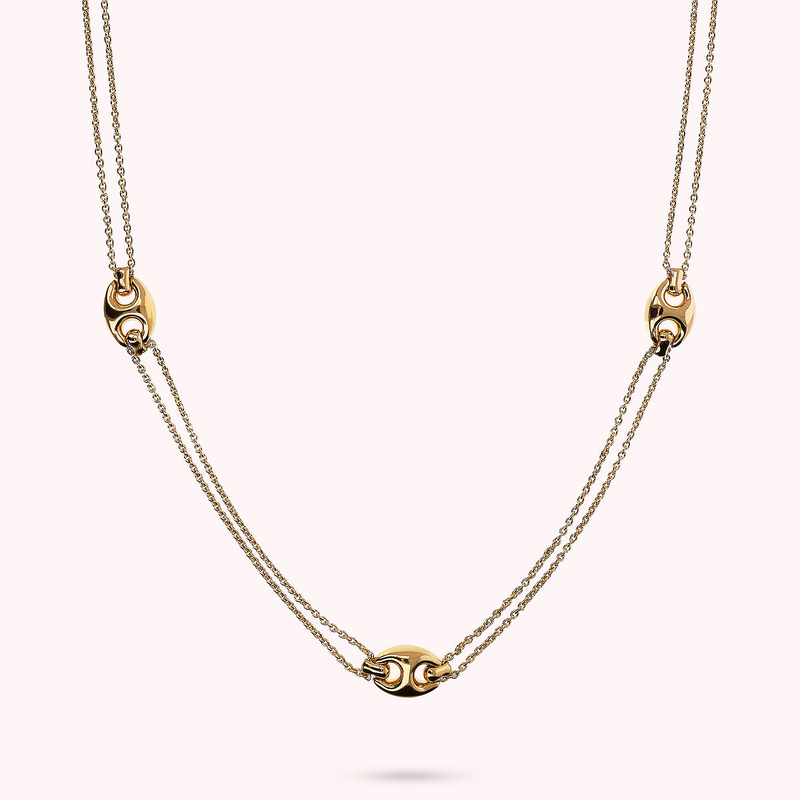 Long Double Golden Rolo Chain Necklace with Shiny Marine Links