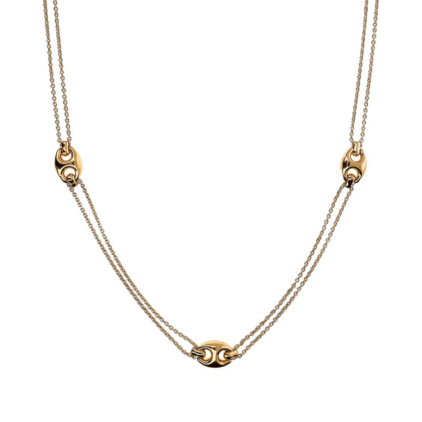 Long Double Golden Rolo Chain Necklace with Shiny Marine Links