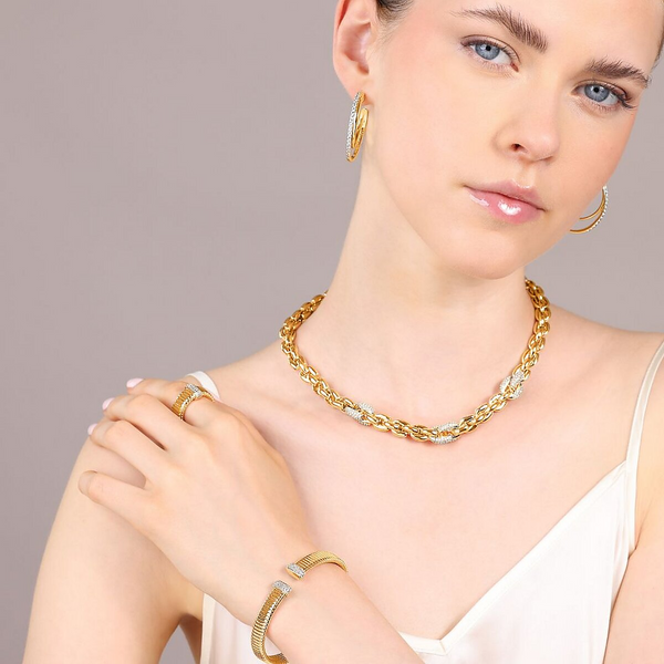 Golden Geometric Mesh Choker Necklace with Cubic Zirconia Pavé Elements