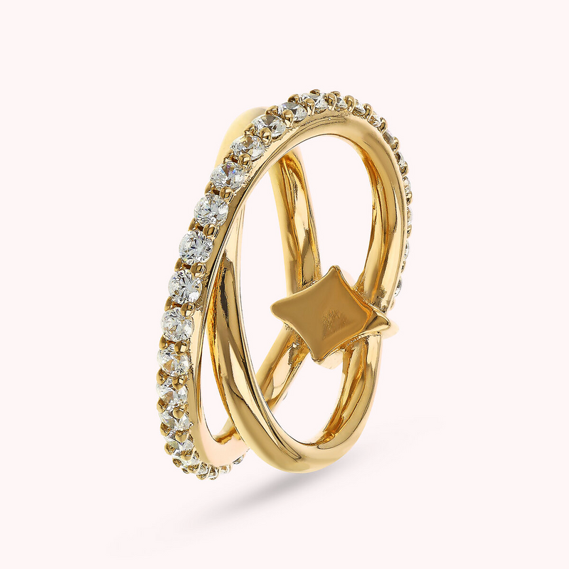 Étoile Double Golden Intertwined Ring with Cubic Zirconia