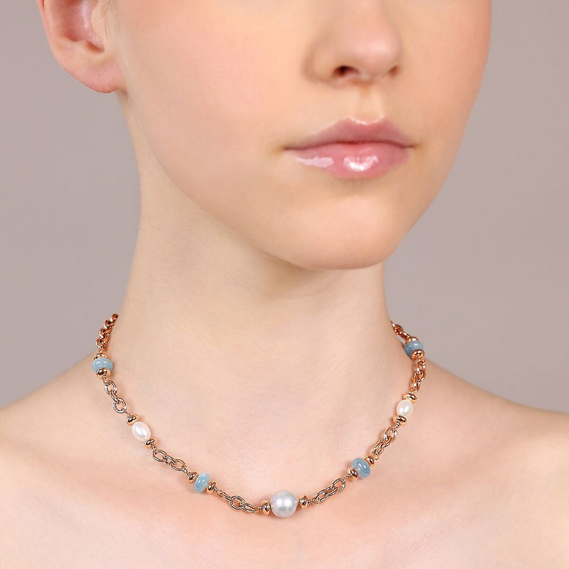 Choker Necklace with Natural Stone Rondelle and Freshwater Pearls Ø 6/11 mm