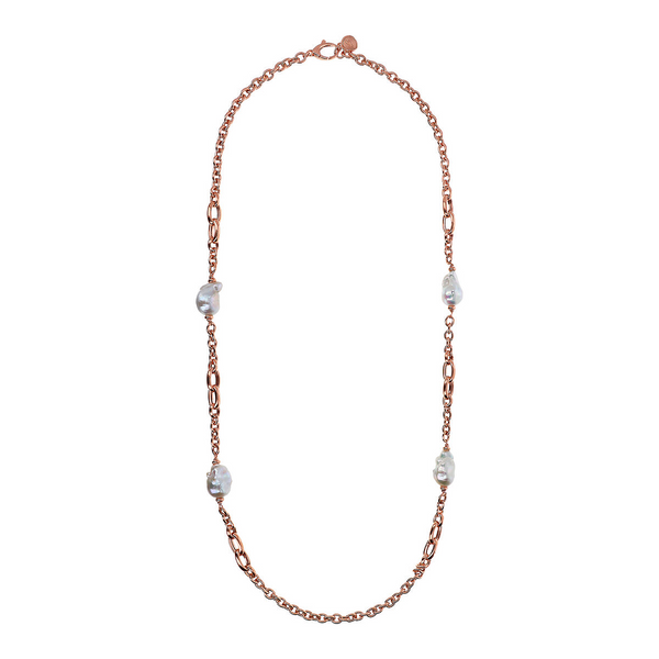 Long Necklace with Oval Braided Links and White Freshwater Scaramazze Pearls Ø 13/14 mm