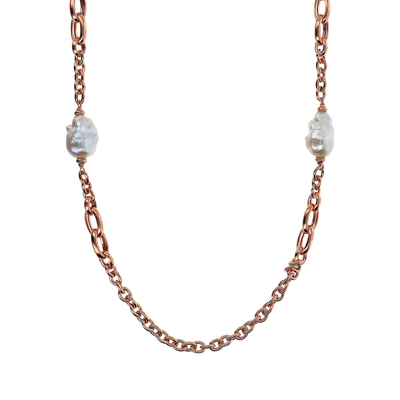 Long Necklace with Oval Braided Links and White Freshwater Scaramazze Pearls Ø 13/14 mm