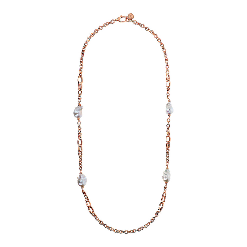 Long Necklace with Oval Braided Links and White Freshwater Scaramazze Pearls Ø 13/14 mm