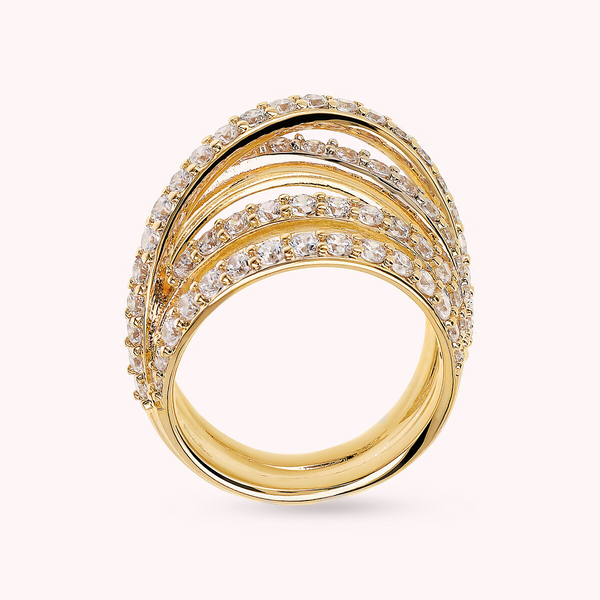 Multifilament Band Ring Golden Intertwined with Cubic Zirconia