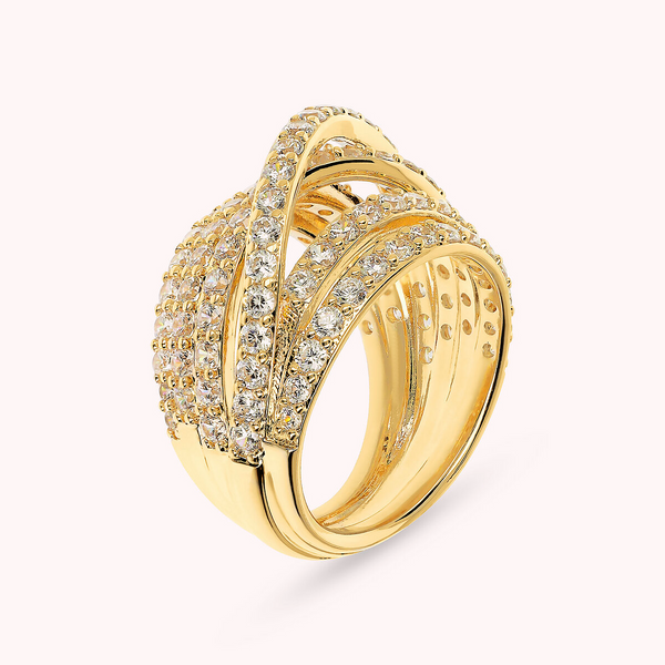 Multifilament Band Ring Golden Intertwined with Cubic Zirconia