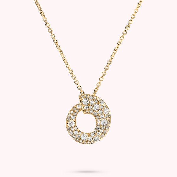 Golden Necklace with Graduated Circle Pendant in Mixed Pavé