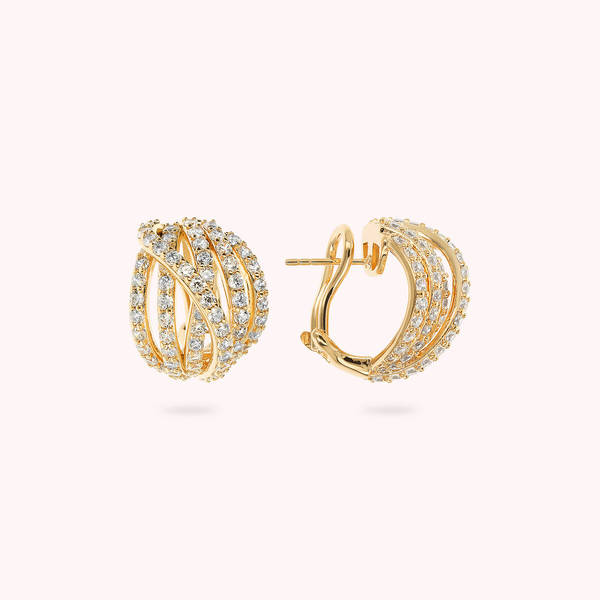 Golden Multi-Strand Crossed Sphere Earrings with Cubic Zirconia Pavé