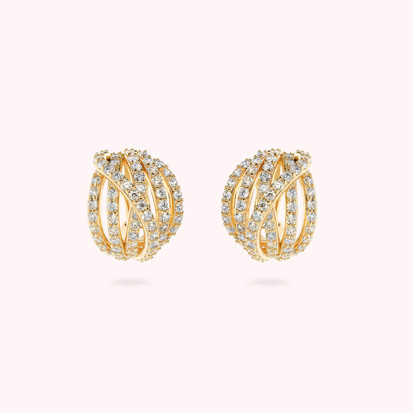 Golden Multi-Strand Crossed Sphere Earrings with Cubic Zirconia Pavé