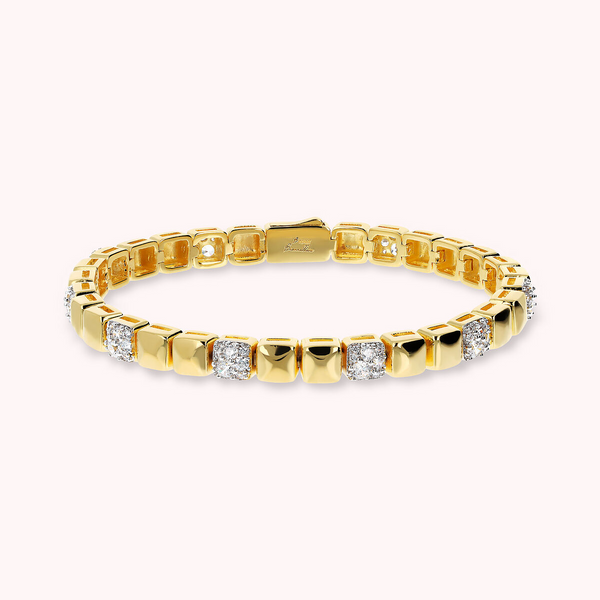 Golden Bracelet with Shiny Square Elements and Cubic Zirconia Pavé