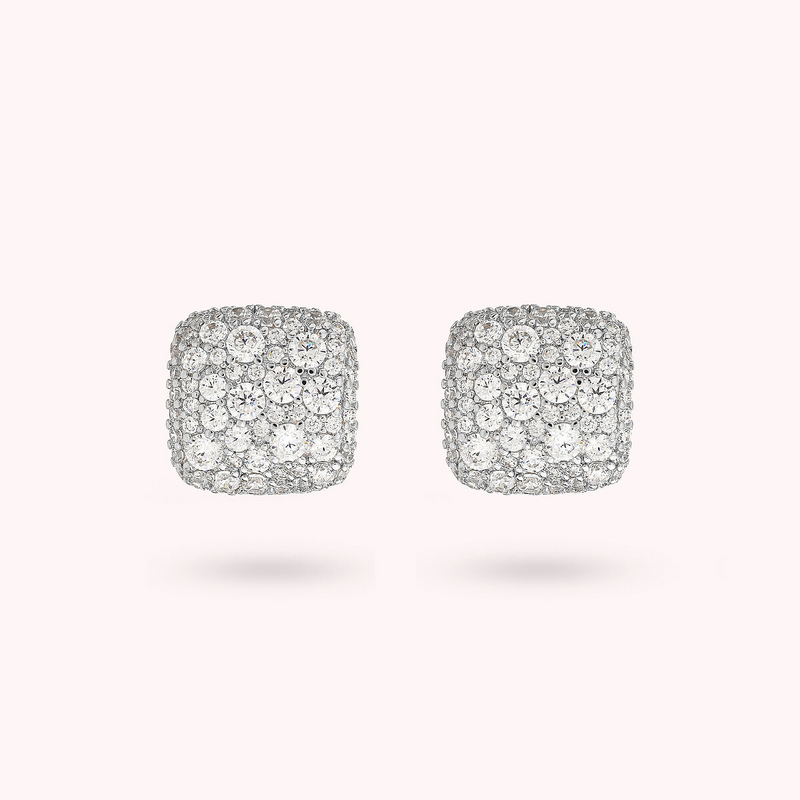 Square Golden Stud Earrings with Cubic Zirconia Pavé