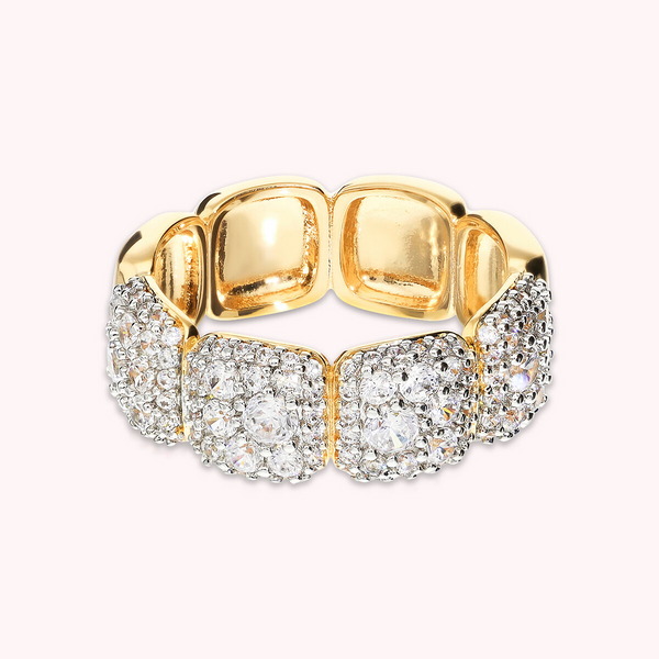 Golden Band Ring with Square Elements in Cubic Zirconia Pavé