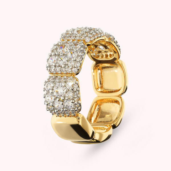 Golden Band Ring with Square Elements in Cubic Zirconia Pavé