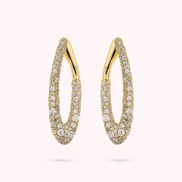 Golden Oval Earrings in Pavé of Cubic Zirconia