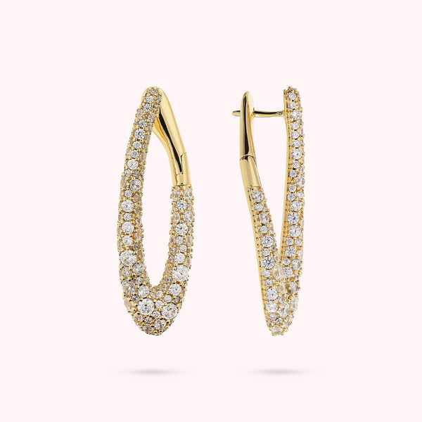 Golden Oval Earrings in Pavé of Cubic Zirconia