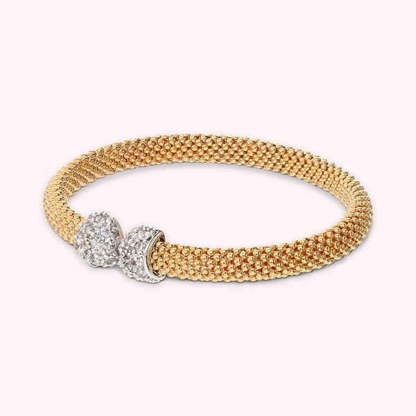 Golden Popcorn Link Rigid Bracelet with Cubic Zirconia Pavé