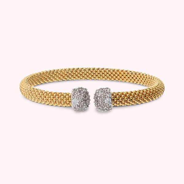 Golden Popcorn Link Rigid Bracelet with Cubic Zirconia Pavé