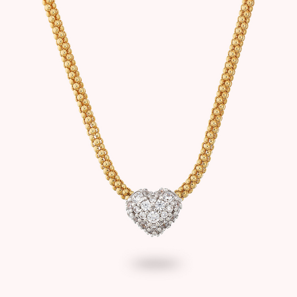 Collana Golden Maglia Popcorn con Cuore in Pavé di Cubic Zirconia