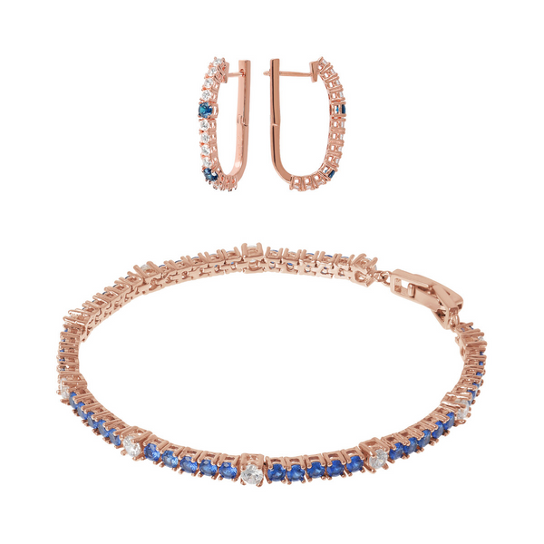 Set Bicolore Orecchini a Cerchio Ovali e Bracciale Tennis con Cubic Zirconia Bianche e Blu