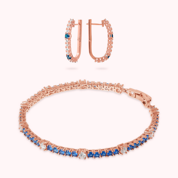 Set Bicolore Orecchini a Cerchio Ovali e Bracciale Tennis con Cubic Zirconia Bianche e Blu