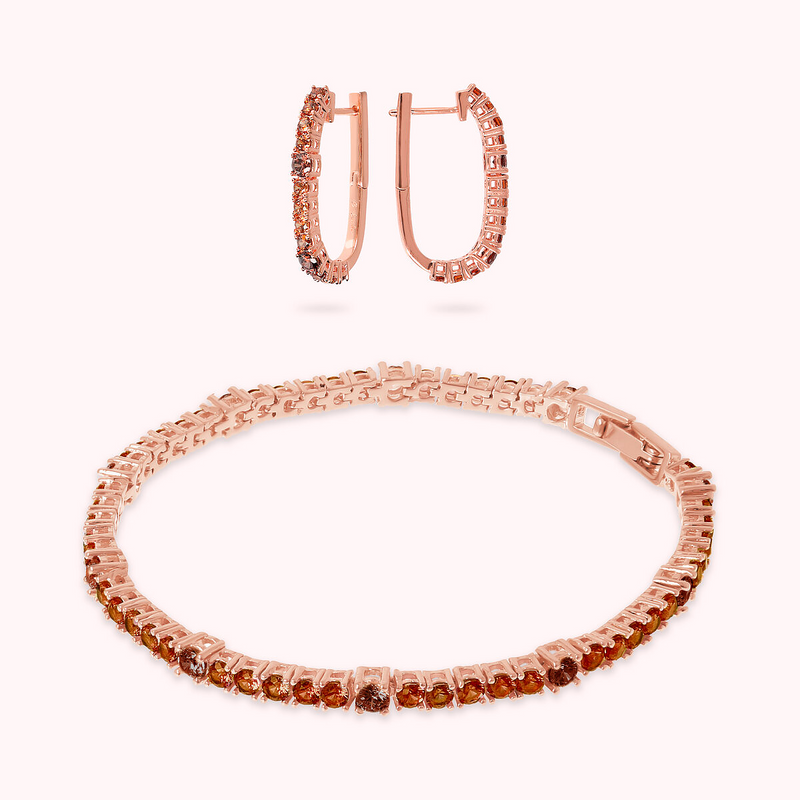 Set of Two-Tone Tennis Hoop Earrings and Bracelet in Brown Cubic Zirconia