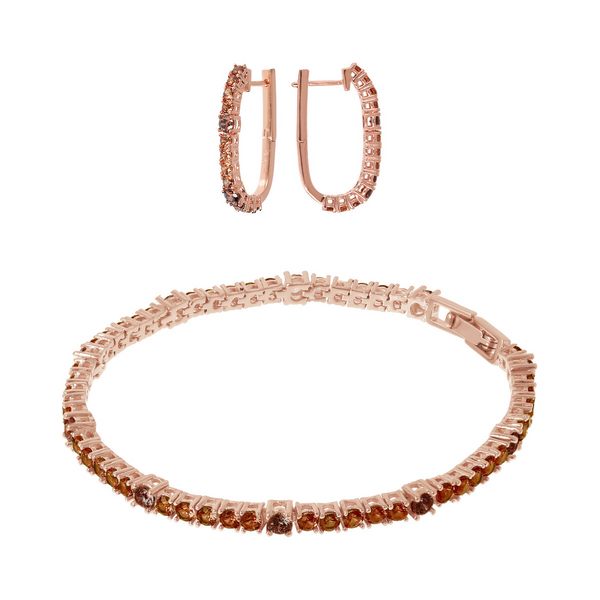 Set Bicolore Orecchini a Cerchio e Bracciale Tennis con Cubic Zirconia Marroni