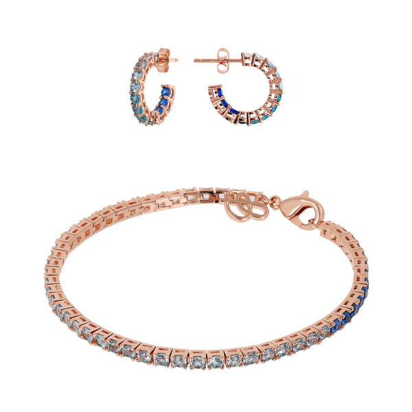 Set Orecchini a Cerchio Piccoli e Bracciale Tennis con Cubic Zirconia Blu Effetto Dégradé