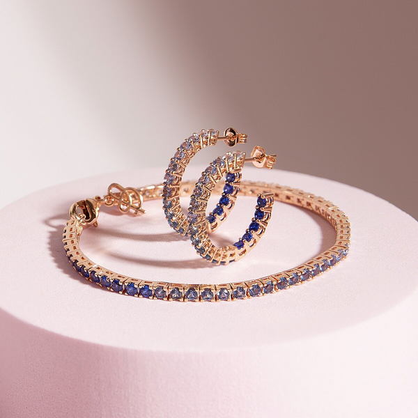 Medium Hoop Earrings and Tennis Bracelet Set with Blue Cubic Zirconia with Dégradé Effect