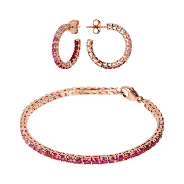 Set Orecchini a Cerchio Medi e Bracciale Tennis con Cubic Zirconia Rosa Effetto Dégradé