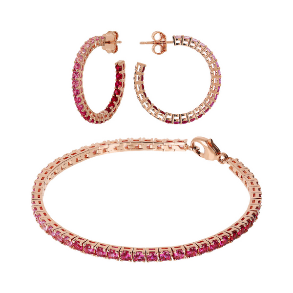 Set Orecchini a Cerchio Grandi e Bracciale Tennis con Cubic Zirconia Rosa Effetto Dégradé