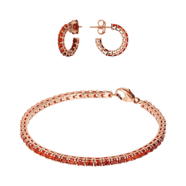 Set Orecchini a Cerchio Piccoli e Bracciale Tennis con Cubic Zirconia Rosse Effetto Dégradé