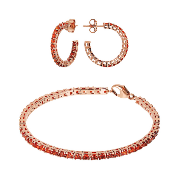 Set Orecchini a Cerchio Medi e Bracciale Tennis con Cubic Zirconia Rosse Effetto Dégradé