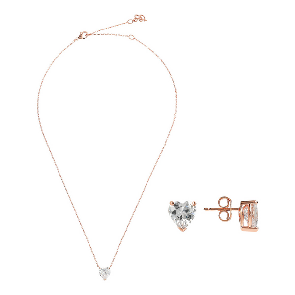 Set Collana e Orecchini a Lobo con Cuori in Cubic Zirconia Bianche