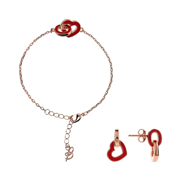 Set Bracciale e Orecchini Pendenti con Doppio Elemento Smaltato Cuore e Maglia Ovale