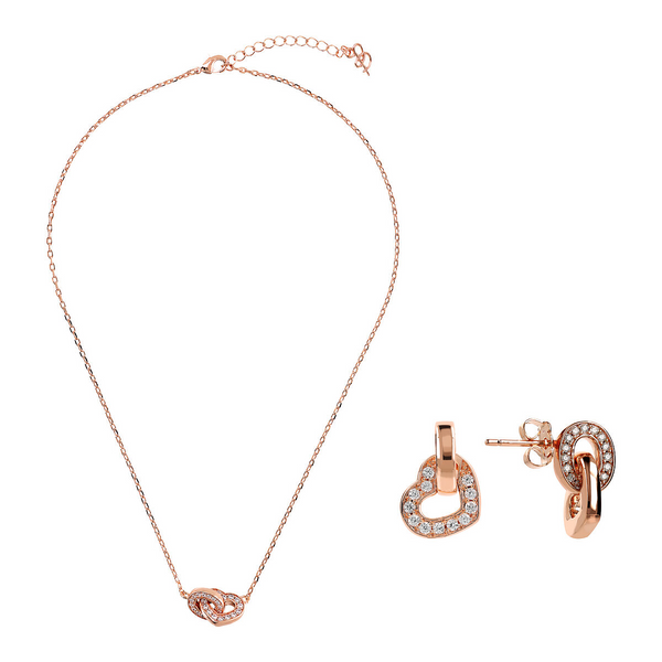 Set Collana e Orecchini Pendenti con Doppio Elemento Pavé Cuore e Maglia Ovale