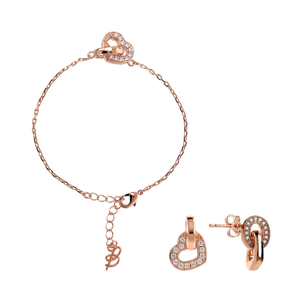 Set Bracciale e Orecchini Pendenti con Doppio Elemento Pavé Cuore e Maglia Ovale