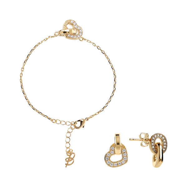 Set Golden Bracciale e Orecchini Pendenti con Doppio Elemento Pavé Cuore e Maglia Ovale