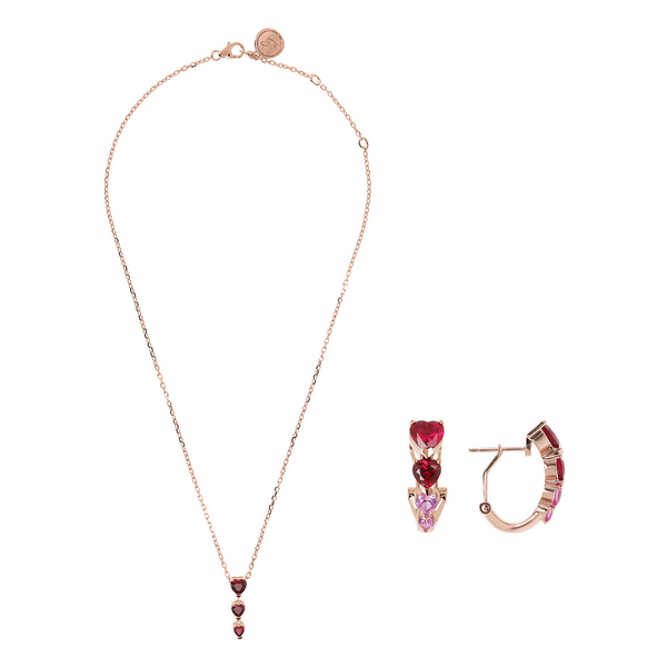 Set Collana e Orecchini Cuore con Cubic Zirconia Rosse e Rosa