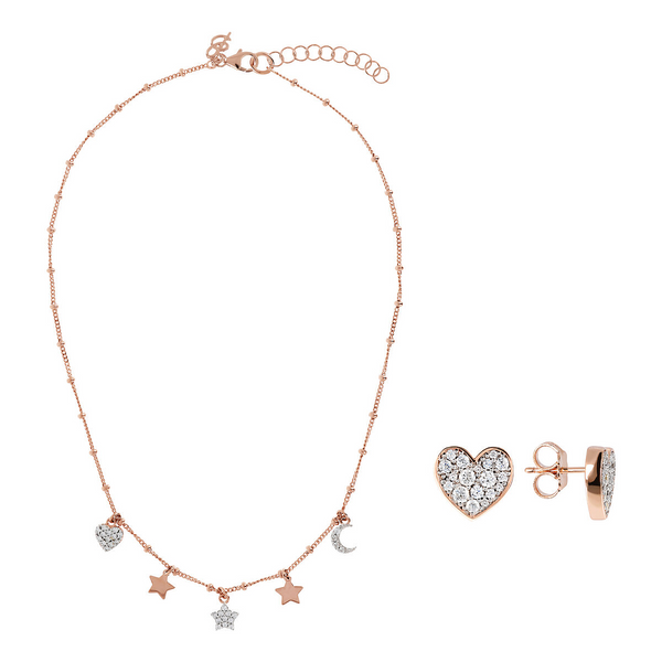 Set Collana con Charms e Orecchini Cuore Pavé in Cubic Zirconia Bianche