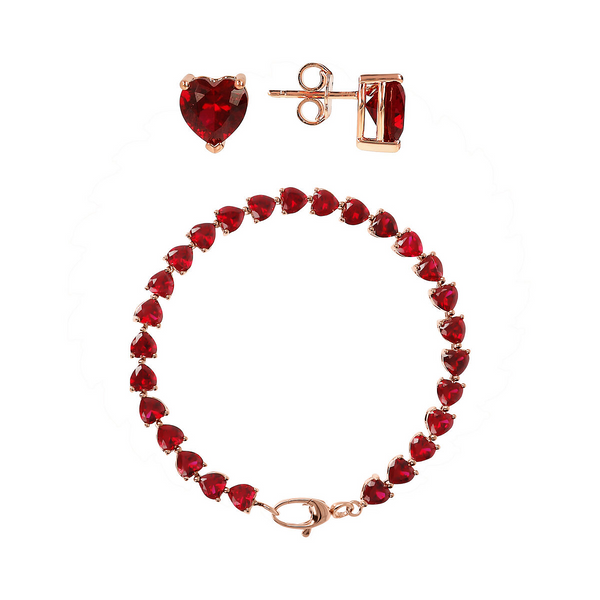 Set Orecchini a Lobo e Bracciale Tennis con Cuori in Cubic Zirconia Rosse