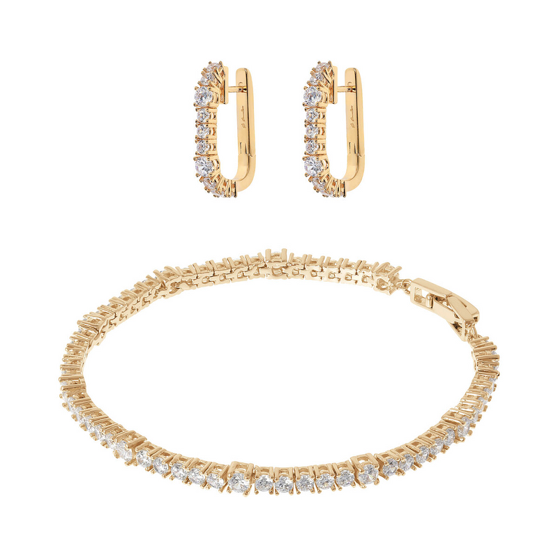 Golden Oval Hoop Earrings and Tennis Bracelet Set with White Cubic Zirconia