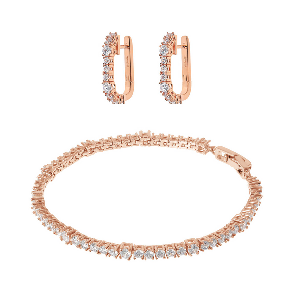 Set Orecchini a Cerchio Ovali e Bracciale Tennis con Cubic Zirconia Bianche