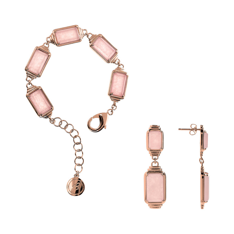 Set Bracciale e Orecchini Pendenti con Quarzo Rosa Rettangolare