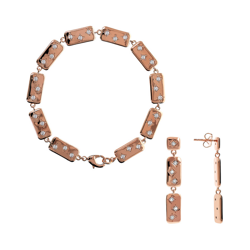 Bracelet and Pendant Earrings Set with Rectangular Elements and White Cubic Zirconia