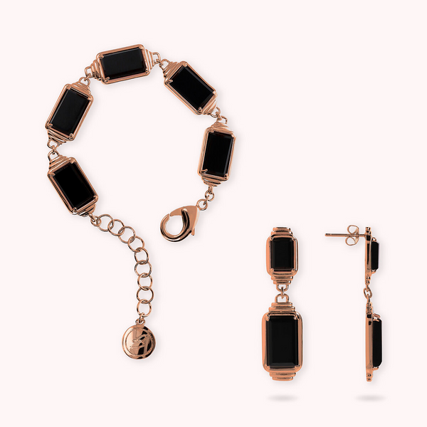 Set Bracciale e Orecchini Pendenti con Onice Nero Rettangolare