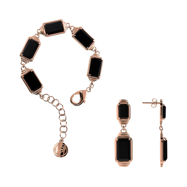 Set Bracciale e Orecchini Pendenti con Onice Nero Rettangolare